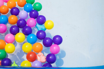 Colorful balls. holiday, children's party, a games room, a box filled with small colored balls. Many colorful plastic balls in a swimming pool.
