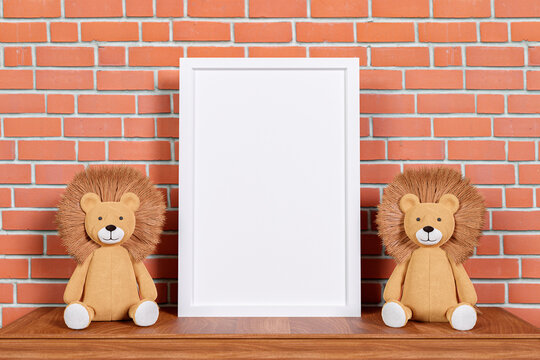 3d rendered picture frame mock up with stuffed toy animal.