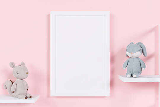 3d rendered picture frame mock up with stuffed toy animal.