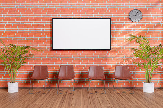 3d rendered of a brick wall room with mock up poster frame.