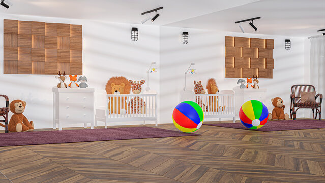 3d rendered baby room with white furnitures and large wall mirror.