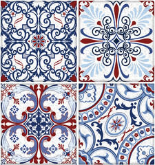 Vintage blue and red tiled wall and floor stone pattern with unique mixed design pattern.