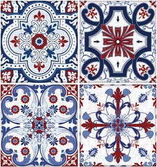 Vintage blue and red tiled wall and floor stone pattern with unique mixed design pattern.