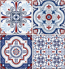 Vintage blue and red tiled wall and floor stone pattern with unique mixed design pattern.