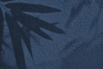 Shadow of leaves on dark blue concrete wall texture with roughness and irregularities. Abstract...