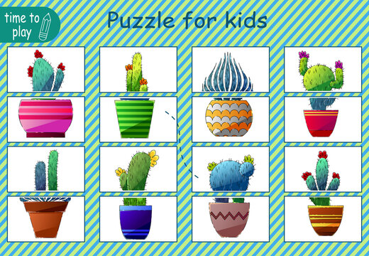 children's educational game. a game of logic. puzzle for children. find two identical pictures. cactus. plant. greenery. flower.