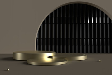 Three-step golden round display podium decorated with balls and silver black wall in studio room. 3D illustration.
