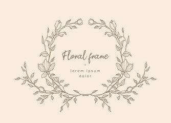 Hand drawn line floral frame. Elegant vintage wreath. Logo template.Vector illustration botanical decoration elements for label, branding business identity, wedding invitation, greeting card