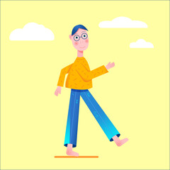 Step forward - cute guy in glasses with blue hair, orange sweatshirt and blue jeans in the sky in grainy texture