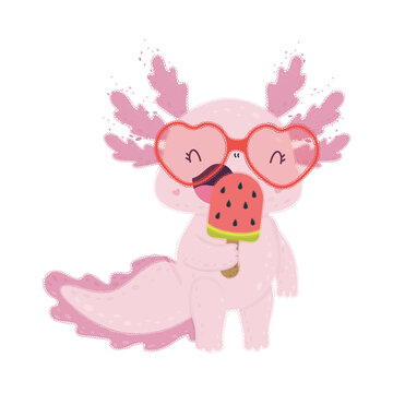 Cute Axolotl Clipart for Kids Holidays and Goods. Happy Clip Art Axolotl with Watermelon Ice Cream. Vector Illustration of an Animal for Stickers, Prints for Clothes, Baby Shower Invitation