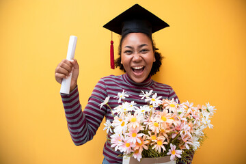 Divertsity of student in hand raising arms over fist thumb up and holding a bouquet of flowers during commencement success graduate of the university, Concept education congratulation in yellow scene.