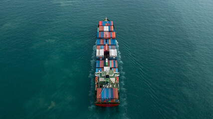 Fototapeta premium Aerial view container ship, Global business import export logistic transportation of international by container cargo ship in the open sea, Marine cargo vessel company freight shipping.