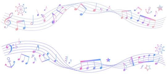 夏をイメージした楽譜のフレームイラスト　　五線譜　背景イラスト　音符、休符、音楽記号のイラスト	マリンモチーフ（舵、イカリ）