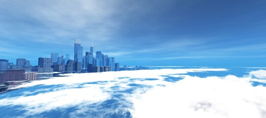 City on the horizon in the clouds, 3d rendering