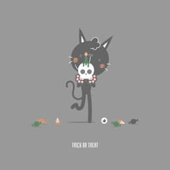 happy halloween holiday festival with cute cat and skull, flat vector illustration cartoon character design