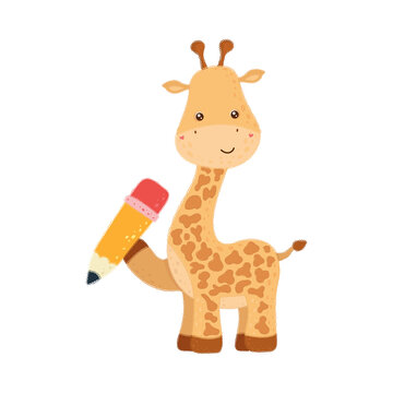 Cute Giraffe Clipart Isolated on White Background. Funny Clip Art Girafe with Pencil. Vector Illustration of an School Animal for Stickers, Baby Shower Invitation, Prints for Clothes