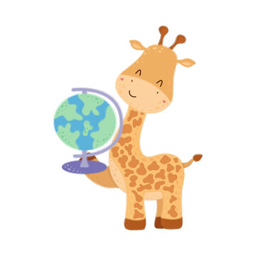 Giraffe Clipart in Cute Cartoon Style Beautiful Clip Art Giraffe with Globe. Vector Illustration of an School Animal for Prints for Clothes, Stickers, Textile, Baby Shower Invitation