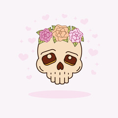 A skull with flowers and hearts on a pink background, a character. Cute skull for your Halloween design. A symbol of a happy Halloween holiday. Vector illustration