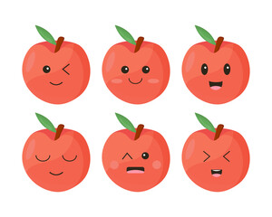 Set of peaches with kawaii eyes isolated on white background. Flat vector design illustration