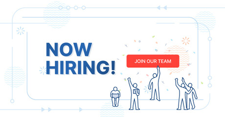 now hiring: job opportunity, career employment, recruitment, job vacancy banner. people icon celebrating a new job. editable stroke vector illustration