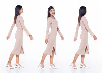 Obraz premium Full length 20s Asian Woman teacher business finance manager, walking forward left right