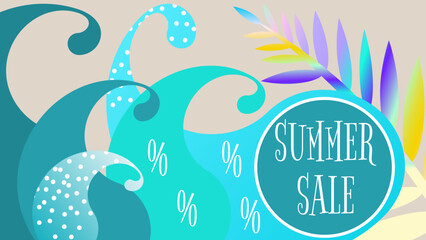 Summer sale poster with sea waves, plant brunch and text frame