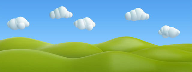 Fototapeta premium 3d realistic cartoon green hills with white clouds on blue sky background. Summer landscape environment. Minimal nature cute composition. Vector illustration.