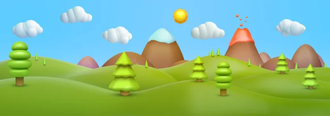 Foto op Aluminium 3D-realistische cartoon landschapsachtergrond met groen gras, boom, berg, vulkaan, wolken, zon, op blauwe hemel. Schattige kinderen natuur omgeving. Vector illustratie. © cgterminal