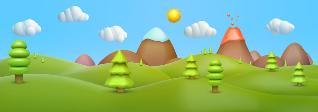 3d realistic cartoon landscape background with green grass, tree, mountain,  volcano, clouds, sun, on blue sky. Cute children nature environment. Vector  illustration. Stock Vector | Adobe Stock