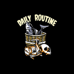 design tshirt, illustration skeleton fisher and reel fishing. illustration of getting fish and skeleton head

