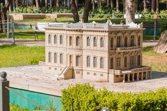 30 May 2022, Antalya, Turkey: Various buildings with magnificent historical turkish architecture in the form of reduced-size models in the Dokuma Miniature Park
