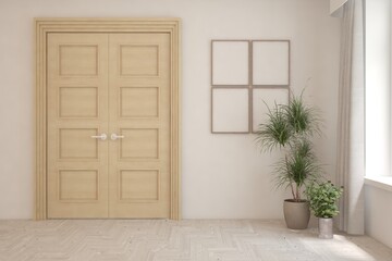 Empty room in white color. Scandinavian interior design. 3D illustration