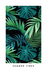 Fototapeta na wymiar Dark hawaiian floral design with monstera palm leaves. Exotic tropical summer vector background.