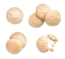 Fototapeta na wymiar Set with tasty sugar cookies on white background, top view