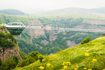 Dashbashi, Georgia - 19th june, 2022: static view Diamond shape platform on glass bridge over...