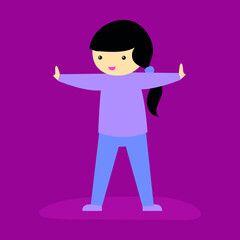 The girl spread her arms wide and does exercises