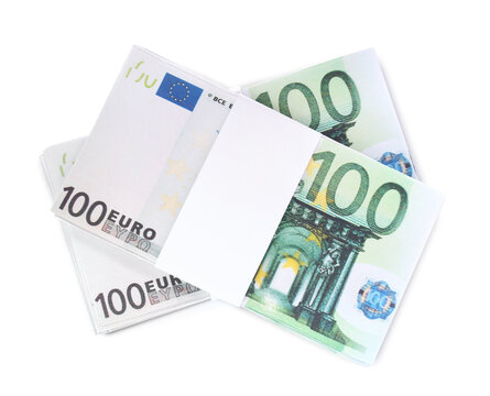 100 Euro banknotes on white background, top view. Money exchange