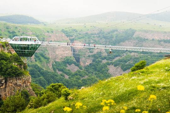 Dashbashi, Georgia - 19th june, 2022: static view Diamond shape platform on glass bridge over scenic dashbashi valley in Georgia countryside. Famous modern bridge over valley in caucasus