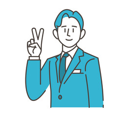 Fototapeta na wymiar Male businessperson smiling and making a peace sign [Vector illustration].