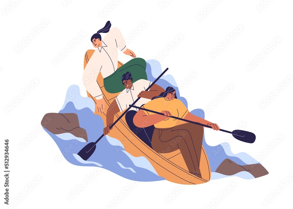 Poster business team rowing in boat on way with challenges, difficulties, risks. colleagues working togethe