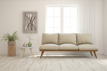 White living room with sofa. Scandinavian interior design. 3D illustration