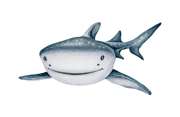 Watercolor baby shark illustration. Cute ocean predator character. Hand painted art. Kids party. Invitation card design