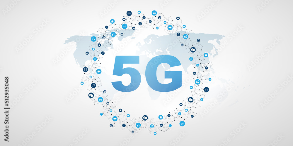 Poster blue 5g network label with grey world map and circular network mesh - high speed, broadband mobile t