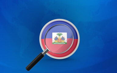 Haitian Flag Badge Behind Magnifying Glass Against World Map Background