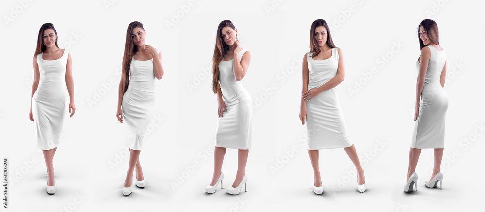 Poster blank white tight dress mockup on slim girl isolated on background, set, front, back view.