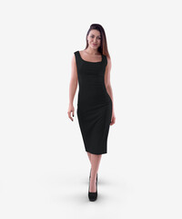 Mockup of a black dress of medium length on a girl in heels, walking forward, empty clothes for design, print, pattern, front view.