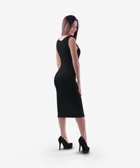 Mockup of a black business dress of medium length on a girl in heels, clothes isolated on background, back.