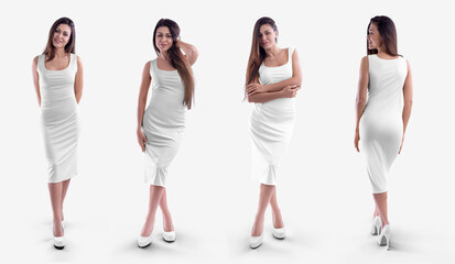 Fototapeta premium Mockup of an empty white tight knee-length dress, on a slim girl isolated on background, front, back. Set.