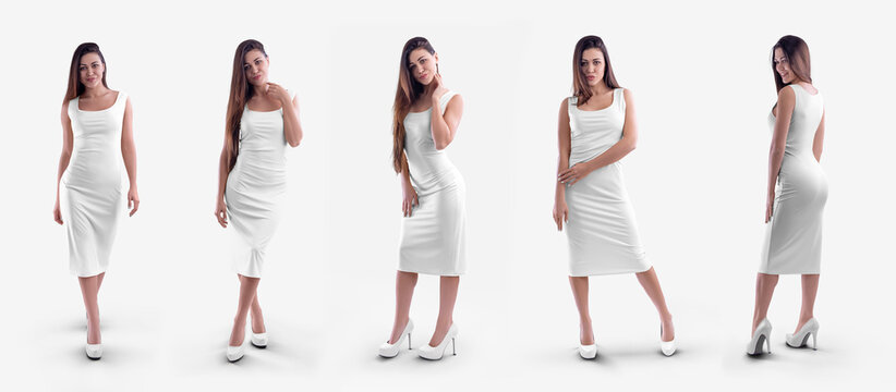 Blank white tight dress mockup on slim girl isolated on background, set, front, back view.