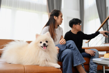 happy Asian family Having fun playing games at home. Concept spending time with family